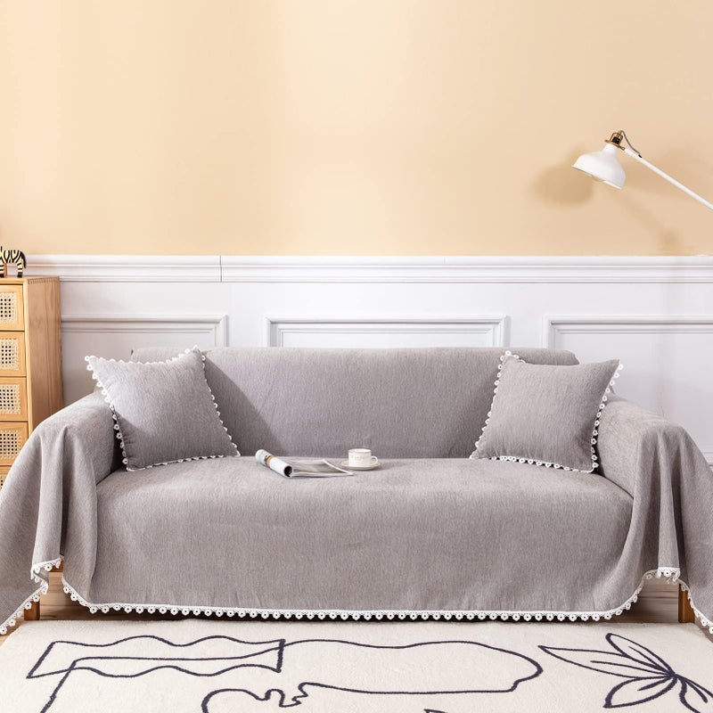 VC Life VClife Oversize Couch Cover Washable Sofa Cover for Dog Cat, Soft Chenille Couch Cover for 3-4 Cushion Couch Sofa Pet Friendly Slip Cover Furniture Protector for Home Living Room, Gray, 71"X150" - Image 1